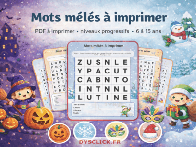 Bannière horizontale présentant des mots mêlés à imprimer pour enfants de 6 à 15 ans, avec quatre thèmes illustrés autour d’une grande grille centrale : Halloween avec citrouilles et petite sorcière, hiver avec bonhomme de neige, carnaval avec masque coloré, et Noël avec lutin et cadeaux. Titre Mots mêlés à imprimer en haut et Dysclick.fr en bas.