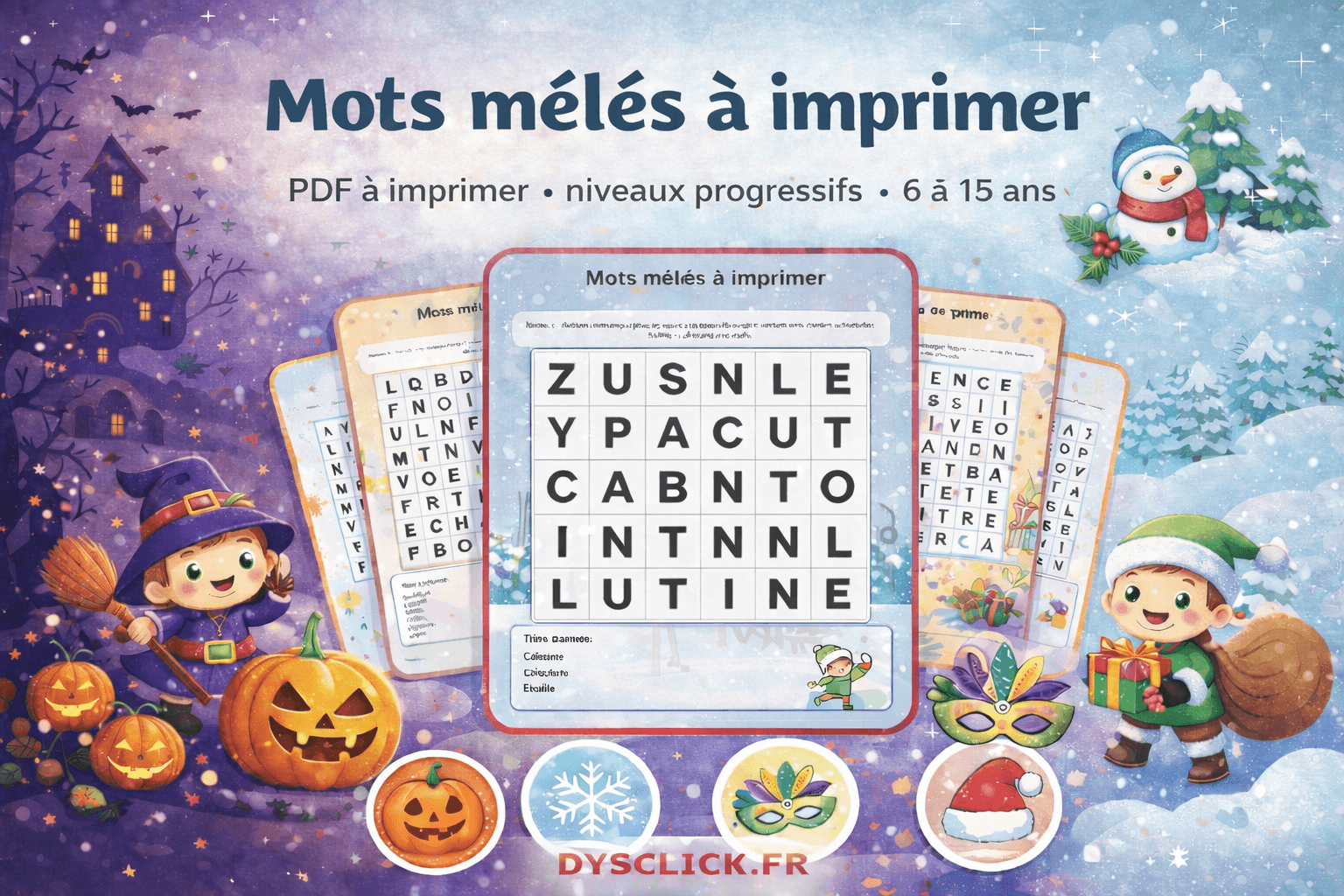 Bannière horizontale présentant des mots mêlés à imprimer pour enfants de 6 à 15 ans, avec quatre thèmes illustrés autour d’une grande grille centrale : Halloween avec citrouilles et petite sorcière, hiver avec bonhomme de neige, carnaval avec masque coloré, et Noël avec lutin et cadeaux. Titre Mots mêlés à imprimer en haut et Dysclick.fr en bas.