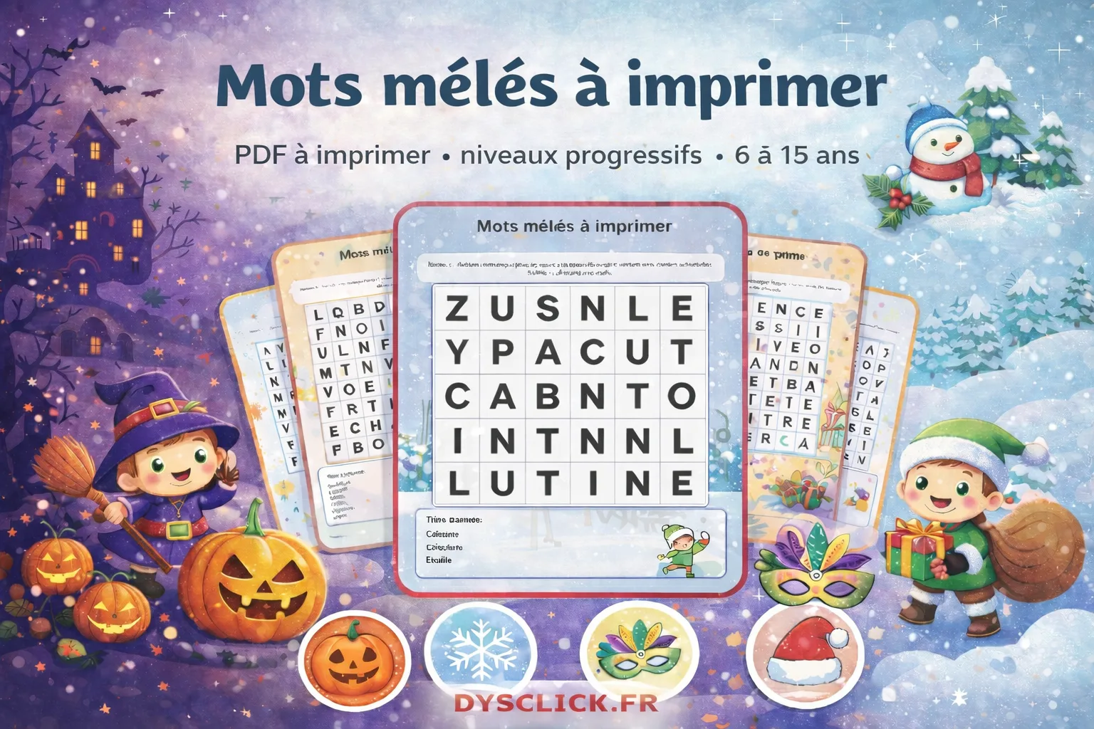 Bannière horizontale présentant des mots mêlés à imprimer pour enfants de 6 à 15 ans, avec quatre thèmes illustrés autour d’une grande grille centrale : Halloween avec citrouilles et petite sorcière, hiver avec bonhomme de neige, carnaval avec masque coloré, et Noël avec lutin et cadeaux. Titre Mots mêlés à imprimer en haut et Dysclick.fr en bas.