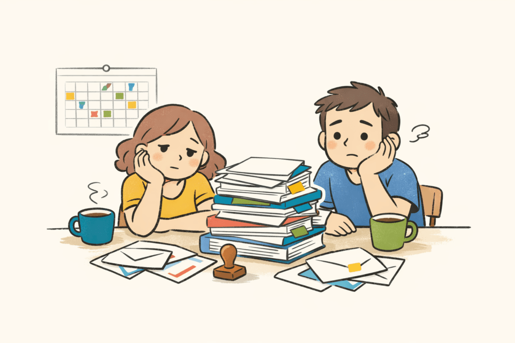 Parents dossiers administratifs fatigue Deux parents à une table, une pile de formulaires et enveloppes, un calendrier rempli, expression fatiguée mais calme, ambiance maison