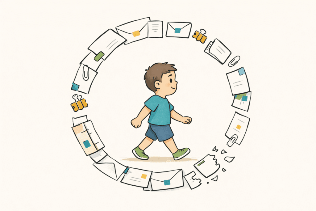 Renouvellement droits a vie mdph Une boucle de paperasse en cercle, au centre un enfant avance sereinement, la boucle se brise