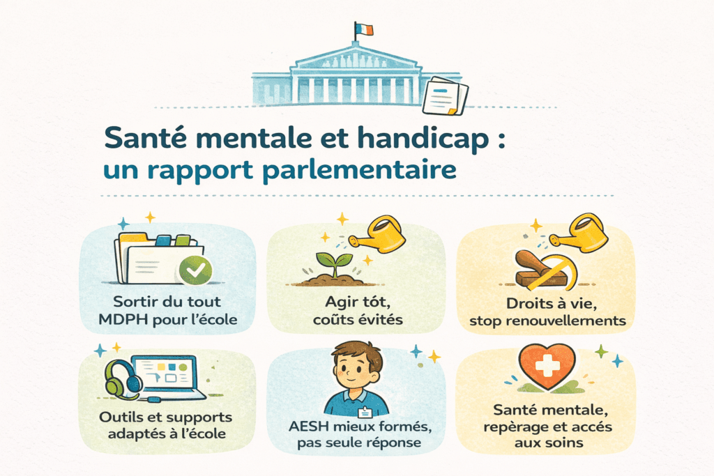 Sante mentale et handicap rapport parlementaire assemblee nationale points cles nfographie A4 paysage avec la silhouette de l’Assemblée nationale et un pictogramme de rapport en haut. En dessous, six encarts arrondis avec icônes et messages courts, sur fond blanc cassé, résumant les mesures clés : sortir du tout MDPH pour l’école, agir tôt pour éviter des coûts, droits à vie sans renouvellements, AESH mieux formés, outils et supports adaptés à l’école, et amélioration du repérage et de l’accès aux soins en santé mentale.