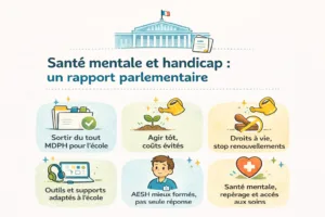 nfographie A4 paysage avec la silhouette de l’Assemblée nationale et un pictogramme de rapport en haut. En dessous, six encarts arrondis avec icônes et messages courts, sur fond blanc cassé, résumant les mesures clés : sortir du tout MDPH pour l’école, agir tôt pour éviter des coûts, droits à vie sans renouvellements, AESH mieux formés, outils et supports adaptés à l’école, et amélioration du repérage et de l’accès aux soins en santé mentale.