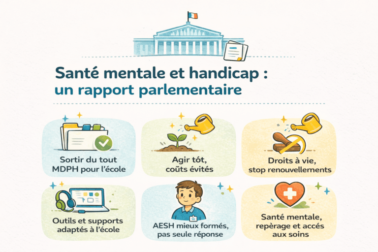nfographie A4 paysage avec la silhouette de l’Assemblée nationale et un pictogramme de rapport en haut. En dessous, six encarts arrondis avec icônes et messages courts, sur fond blanc cassé, résumant les mesures clés : sortir du tout MDPH pour l’école, agir tôt pour éviter des coûts, droits à vie sans renouvellements, AESH mieux formés, outils et supports adaptés à l’école, et amélioration du repérage et de l’accès aux soins en santé mentale.