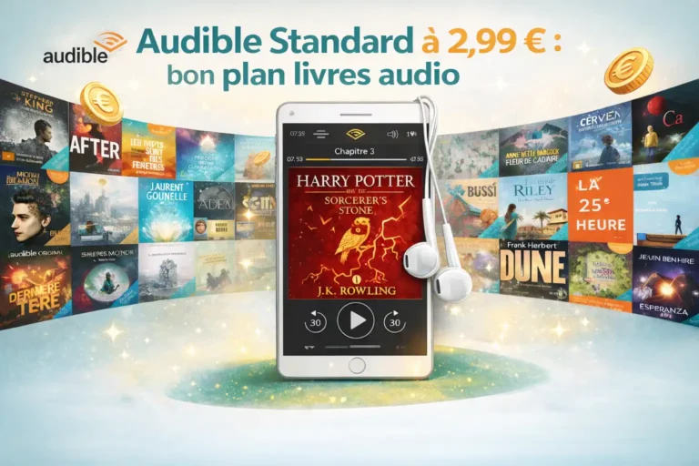 Illustration présentant l’offre Audible Standard à 2,99 euros par mois avec un smartphone lisant un livre audio au centre et une mosaïque de couvertures de livres audio en arrière-plan.