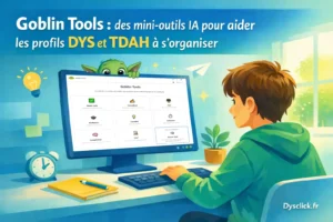 Illustration d’un article sur Goblin Tools montrant une personne qui transforme une grande tâche en petites étapes claires grâce à un outil IA, dans une ambiance visuelle simple et rassurante.