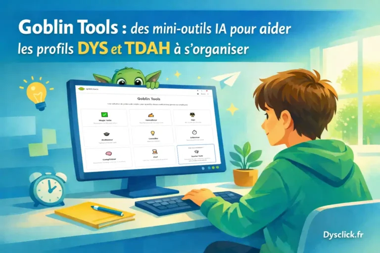 Illustration d’un article sur Goblin Tools montrant une personne qui transforme une grande tâche en petites étapes claires grâce à un outil IA, dans une ambiance visuelle simple et rassurante.