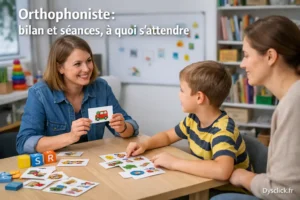 Illustration d’un enfant et de son parent dans un cabinet d’orthophonie, en échange avec un orthophoniste autour d’activités de langage.