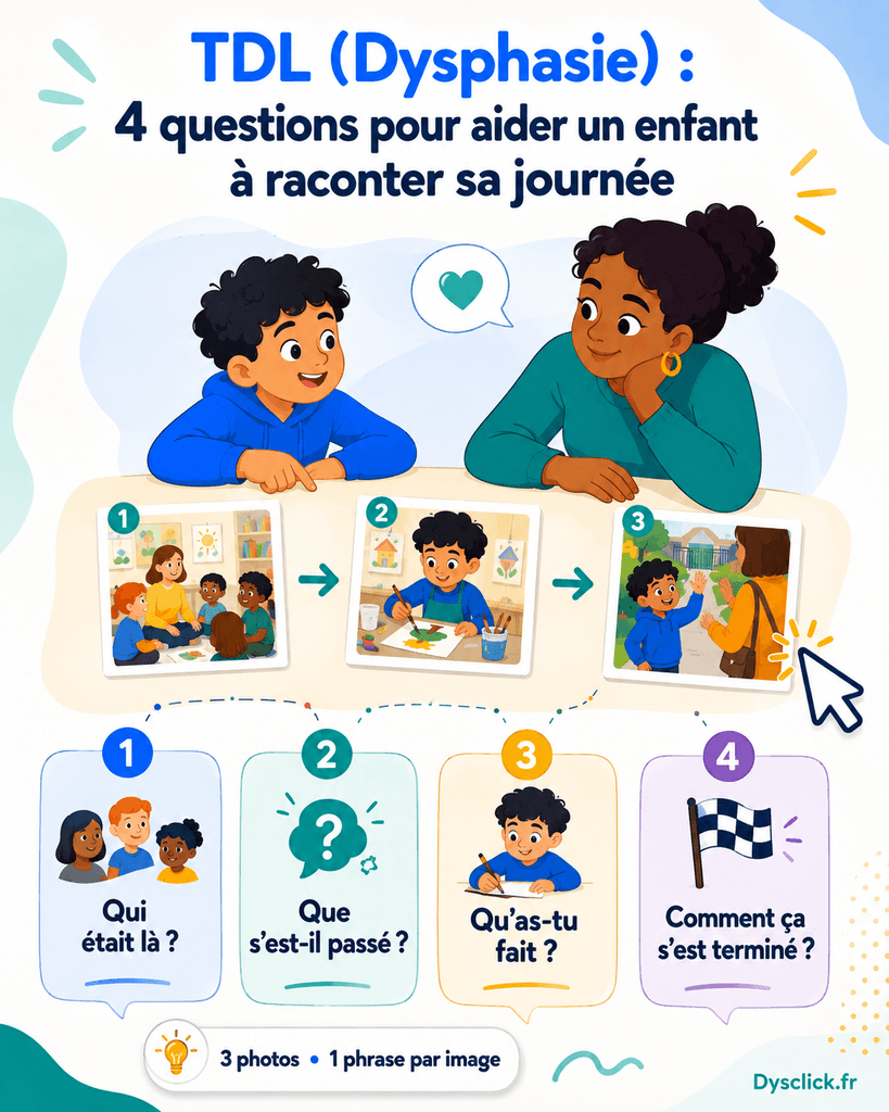 TDL ( dysphasie ) 4 questions pour aider un enfant à raconter sa journée
