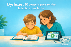 Un enfant lit avec un adulte dans un environnement calme, avec un livre et une tablette en appui, pour illustrer des conseils de lecture adaptés à la dyslexie.