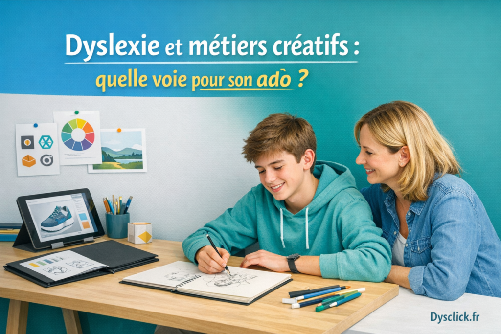 Un adolescent et un parent regardent un portfolio de projets créatifs sur un bureau avec croquis et tablette, pour illustrer l’orientation en art et design avec une dyslexie.