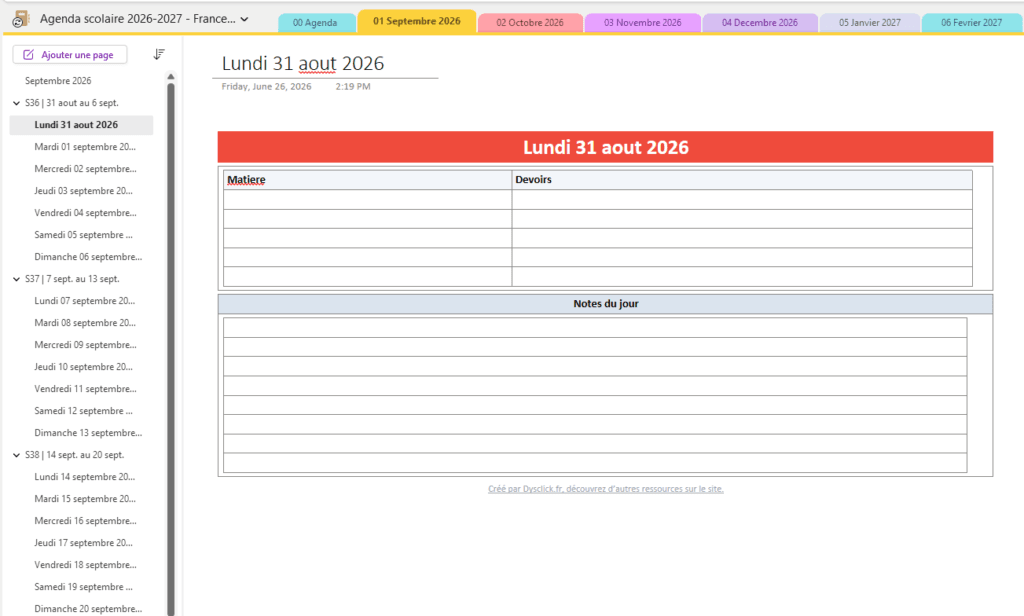 Agenda OneNote min Une page par semaine et par jour