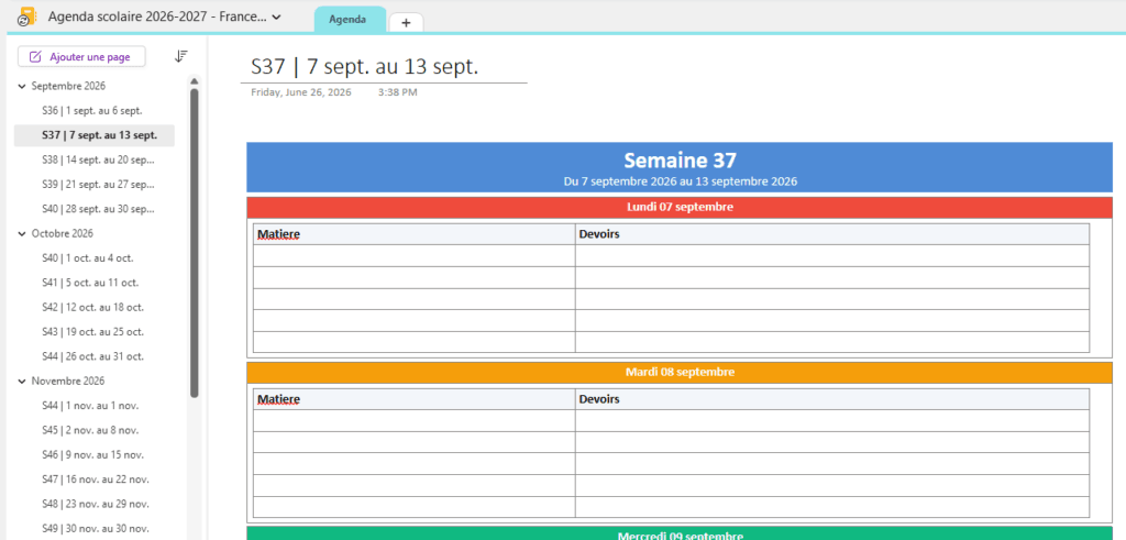 Agenda OneNote min Une section