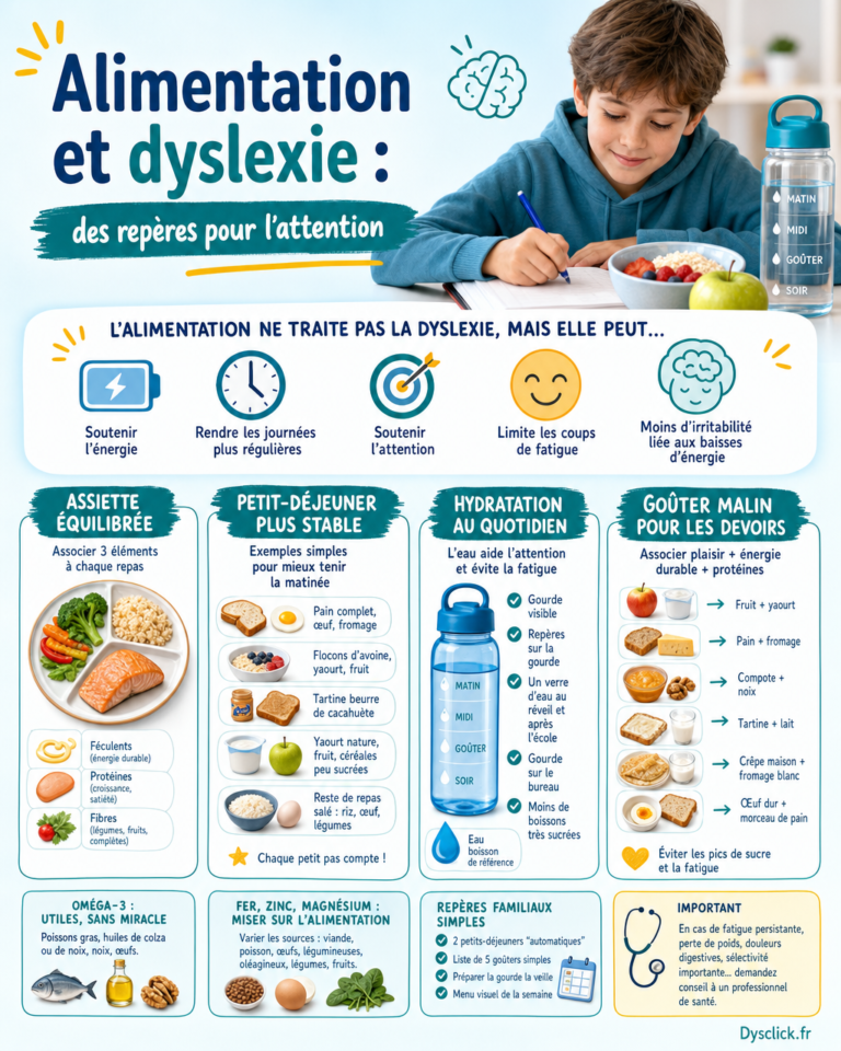Enfant DYS devant une assiette équilibrée, une gourde d’eau et un livre, pour illustrer le lien entre alimentation, énergie et attention.
