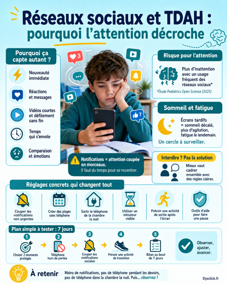 Un adolescent devant ses devoirs avec un téléphone qui envoie des notifications, illustrant la difficulté à rester attentif avec les réseaux sociaux et un TDAH.