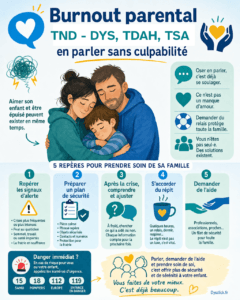 Parent fatigué mais soutenu, avec des outils simples pour organiser l’aide autour d’un enfant autiste et prévenir l’épuisement familial.