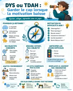 Un jeune avance pas à pas sur un chemin simple avec une checklist et un minuteur, symbole d’une motivation qui baisse mais d’un cap maintenu.