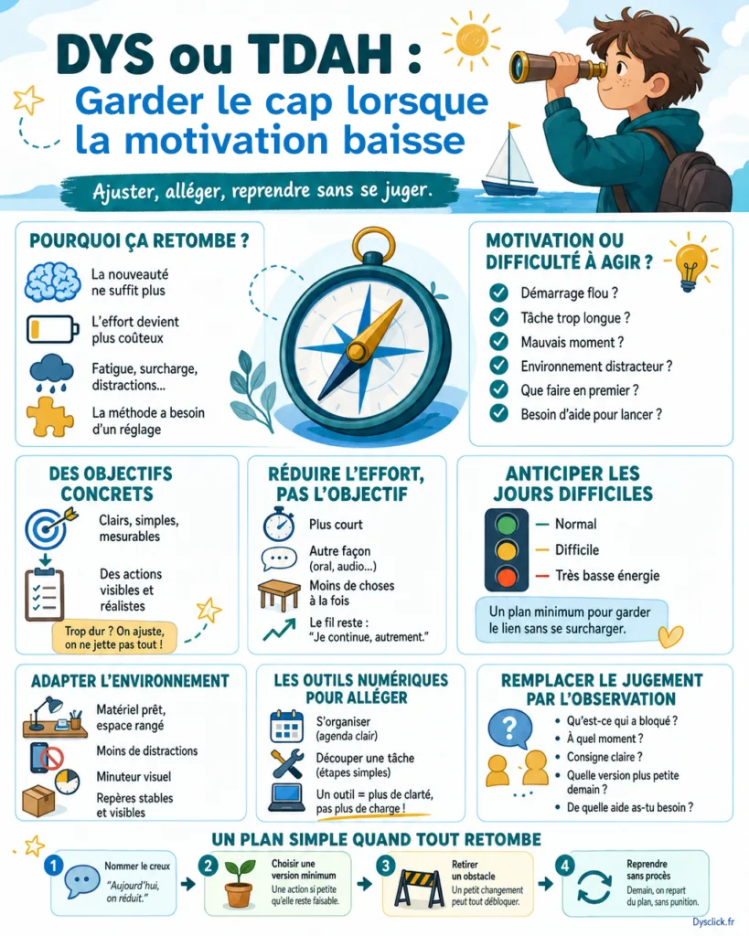 Un jeune avance pas à pas sur un chemin simple avec une checklist et un minuteur, symbole d’une motivation qui baisse mais d’un cap maintenu.