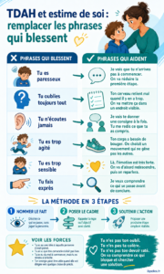 Un parent aide un enfant TDAH à remplacer des phrases blessantes par des mots encourageants autour d’une table.