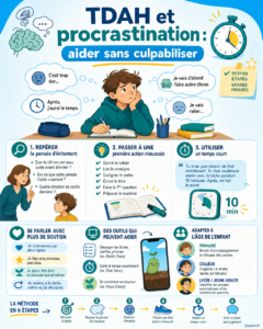 Un adolescent face à un bureau utilise des cartes d’étapes et un minuteur visuel pour commencer une tâche malgré la procrastination liée au TDAH.