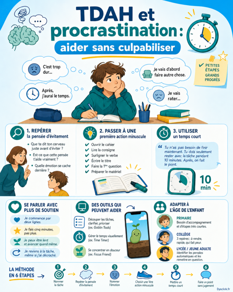 Un adolescent face à un bureau utilise des cartes d’étapes et un minuteur visuel pour commencer une tâche malgré la procrastination liée au TDAH.
