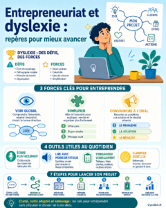 Personne dyslexique préparant un projet entrepreneurial avec un ordinateur, une carte mentale et des outils d’organisation visuelle.