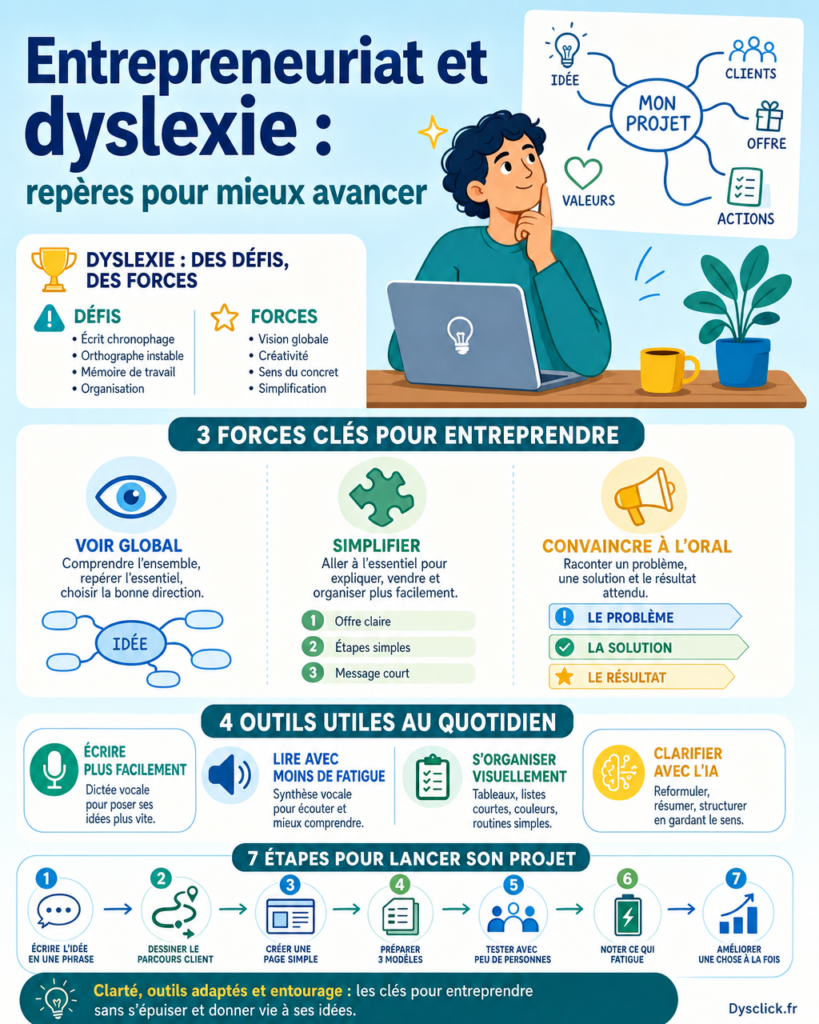 Personne dyslexique préparant un projet entrepreneurial avec un ordinateur, une carte mentale et des outils d’organisation visuelle.