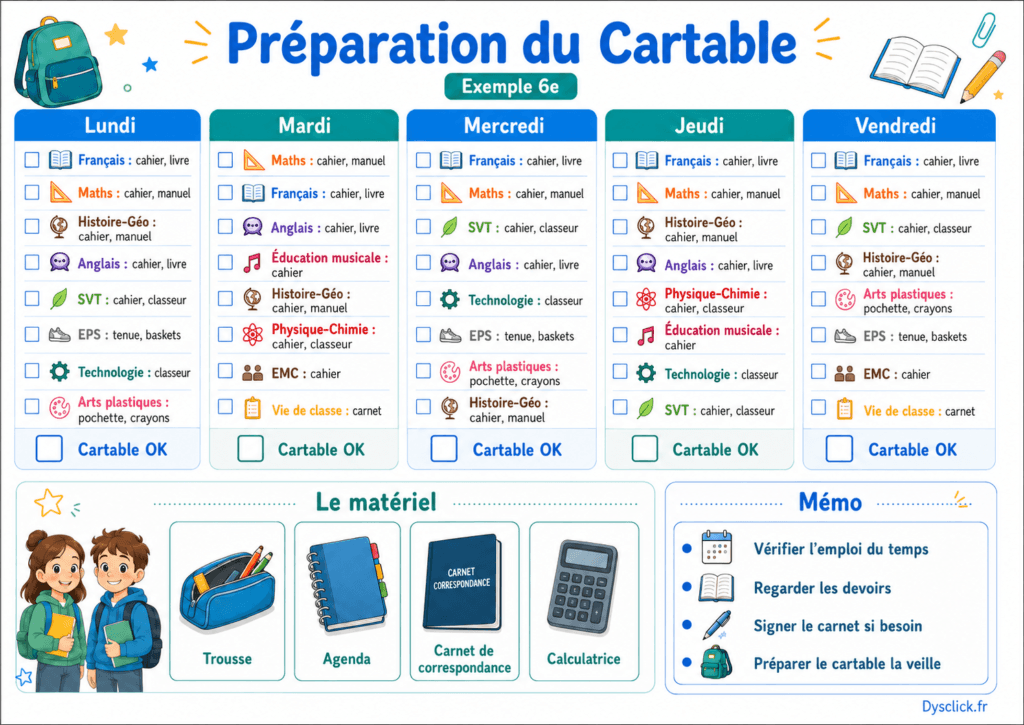 Exemple CheckList prépation du Cartable
