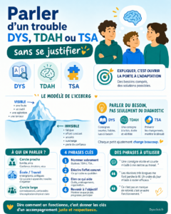 Parent, adolescent et enseignant échangent calmement autour des mots DYS, TDAH et TSA pour expliquer un trouble du neurodéveloppement sans se justifier.