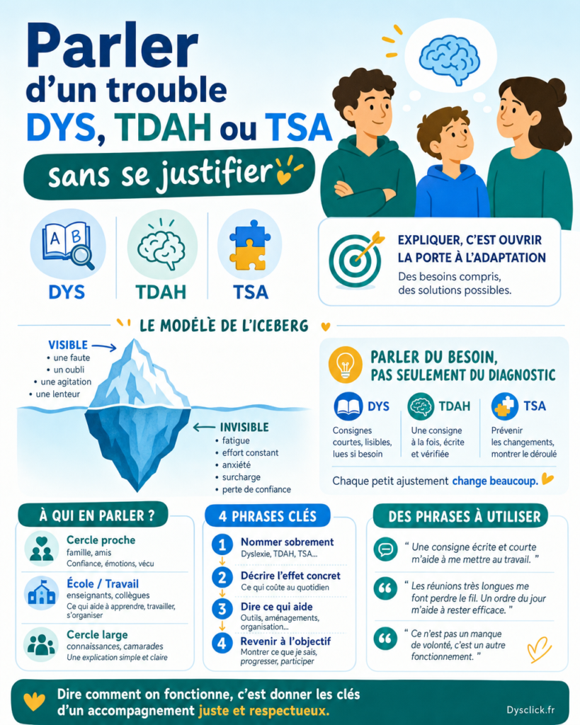 Parent, adolescent et enseignant échangent calmement autour des mots DYS, TDAH et TSA pour expliquer un trouble du neurodéveloppement sans se justifier.