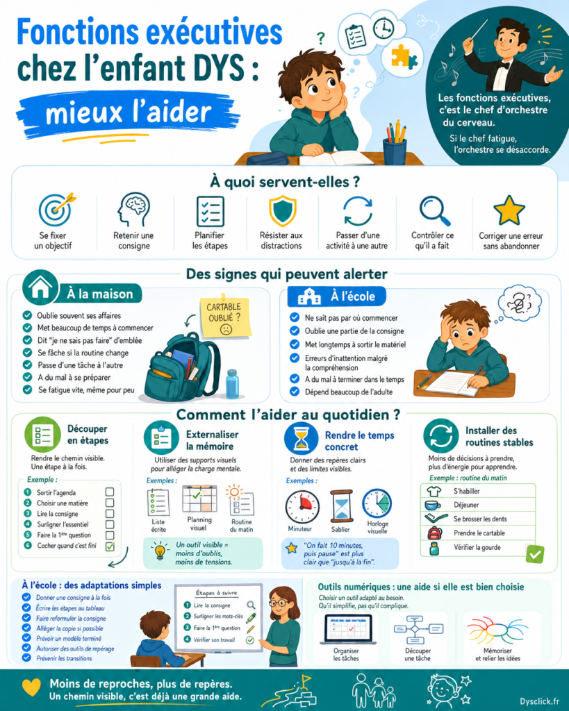 Enfant DYS aidé par une checklist, un minuteur et des étapes visuelles pour mieux organiser son travail.