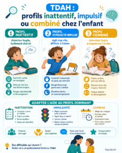 Illustration claire des trois profils du TDAH chez l’enfant : inattentif, hyperactif-impulsif et combiné, avec des repères visuels simples.