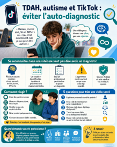 Un adolescent consulte une vidéo sur smartphone pendant qu’un parent l’écoute, pour illustrer l’information sur le TDAH, l’autisme et l’auto-diagnostic sur TikTok.