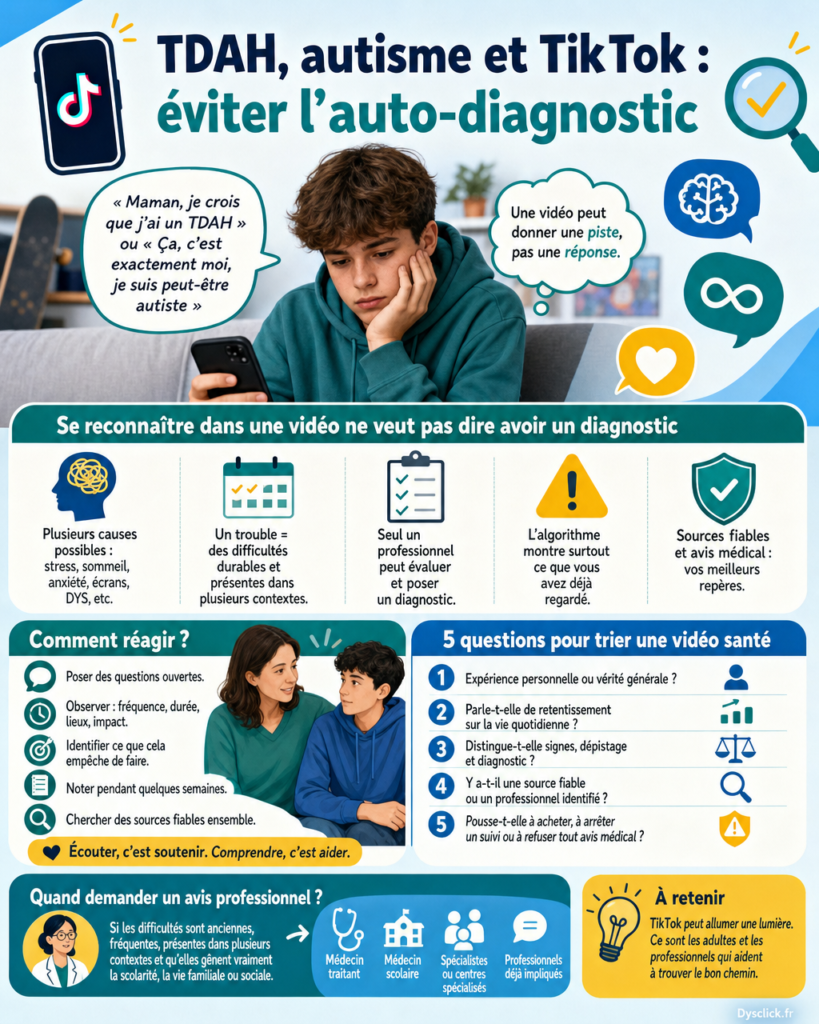 Un adolescent consulte une vidéo sur smartphone pendant qu’un parent l’écoute, pour illustrer l’information sur le TDAH, l’autisme et l’auto-diagnostic sur TikTok.