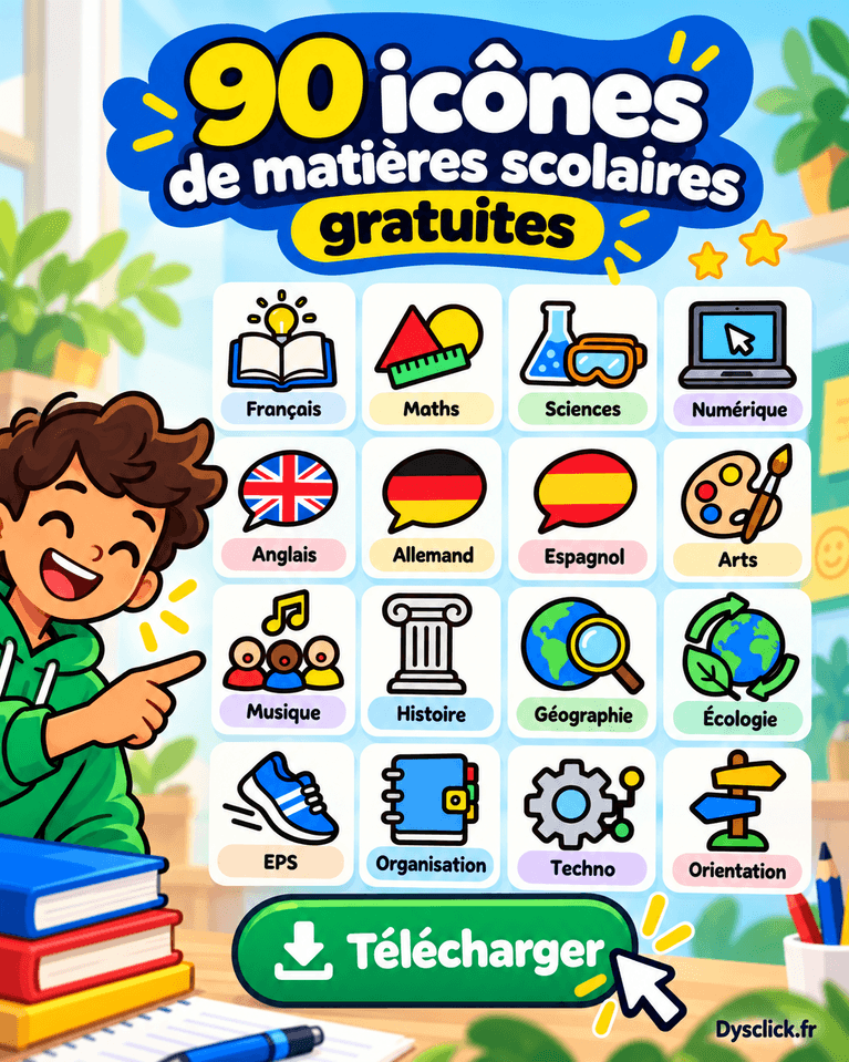 90 icônes de matières scolaires gratuites pour élèves DYS