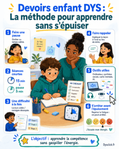 Devoirs d’un enfant DYS : combien de temps et quand arrêter ? Combien de temps consacrer aux devoirs selon la classe ? Voici un tableau de repères des durées de devoirs par classe. NiveauUn jour de classeWeek-endCP–CE110 à 15 min15 à 20 minCE2–CM215 à 25 min20 à 30 min6e30 à 40 min45 à 60 min5e–4e40 à 50 min60 à 90 min3e45 à 60 min1 h 30 à 2 h2de60 à 75 min1 h 30 à 2 h1re–Terminale75 à 90 min2 à 3 h Savoir arrêter les devoirs fait aussi partie de la méthode Un enfant qui relit la même ligne depuis cinq minutes, commence à pleurer, s’énerve sur chaque consigne ou ne parvient plus à répondre à une question qu’il maîtrisait dix minutes plus tôt vous donne une information : ses ressources sont probablement épuisées. Une pause peut suffire. Certains soirs, il faudra aussi arrêter. Passer une heure supplémentaire sur trois exercices peut coûter beaucoup pour un bénéfice scolaire très faible. Vous pouvez alors noter le temps réellement consacré au travail et prévenir l’enseignant : Nous avons travaillé 30 minutes. Paul avait compris la méthode mais n’était plus disponible pour terminer les deux derniers exercices. Cette information est utile. Elle permet à l’enseignant de voir la charge réelle que représente le devoir. Lorsque cette situation devient régulière, une discussion avec l’école permet de rechercher des adaptations : quantité réduite, oral, supports numériques, consignes adaptées, répartition du travail ou utilisation des outils de compensation. Ces aménagements peuvent aussi être inscrits dans un plan d’accompagnement personnalisé (PAP) ou un projet personnalisé de scolarisation (PPS). Le guide Aménagements scolaires DYS : loi, PAP, PPS, MDPH explique les différents dispositifs. Au collège, le dispositif Devoirs faits permet aussi de réaliser une partie du travail personnel dans l’établissement avec un accompagnement. Il est obligatoire pour les élèves de 6e depuis la rentrée 2023 et proposé aux autres collégiens selon l’organisation de l’établissement.