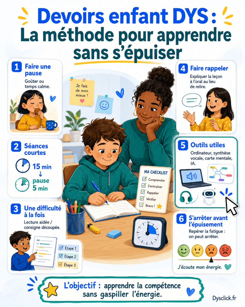Devoirs d’un enfant DYS : combien de temps et quand arrêter ? Combien de temps consacrer aux devoirs selon la classe ? Voici un tableau de repères des durées de devoirs par classe. NiveauUn jour de classeWeek-endCP–CE110 à 15 min15 à 20 minCE2–CM215 à 25 min20 à 30 min6e30 à 40 min45 à 60 min5e–4e40 à 50 min60 à 90 min3e45 à 60 min1 h 30 à 2 h2de60 à 75 min1 h 30 à 2 h1re–Terminale75 à 90 min2 à 3 h Savoir arrêter les devoirs fait aussi partie de la méthode Un enfant qui relit la même ligne depuis cinq minutes, commence à pleurer, s’énerve sur chaque consigne ou ne parvient plus à répondre à une question qu’il maîtrisait dix minutes plus tôt vous donne une information : ses ressources sont probablement épuisées. Une pause peut suffire. Certains soirs, il faudra aussi arrêter. Passer une heure supplémentaire sur trois exercices peut coûter beaucoup pour un bénéfice scolaire très faible. Vous pouvez alors noter le temps réellement consacré au travail et prévenir l’enseignant : Nous avons travaillé 30 minutes. Paul avait compris la méthode mais n’était plus disponible pour terminer les deux derniers exercices. Cette information est utile. Elle permet à l’enseignant de voir la charge réelle que représente le devoir. Lorsque cette situation devient régulière, une discussion avec l’école permet de rechercher des adaptations : quantité réduite, oral, supports numériques, consignes adaptées, répartition du travail ou utilisation des outils de compensation. Ces aménagements peuvent aussi être inscrits dans un plan d’accompagnement personnalisé (PAP) ou un projet personnalisé de scolarisation (PPS). Le guide Aménagements scolaires DYS : loi, PAP, PPS, MDPH explique les différents dispositifs. Au collège, le dispositif Devoirs faits permet aussi de réaliser une partie du travail personnel dans l’établissement avec un accompagnement. Il est obligatoire pour les élèves de 6e depuis la rentrée 2023 et proposé aux autres collégiens selon l’organisation de l’établissement.