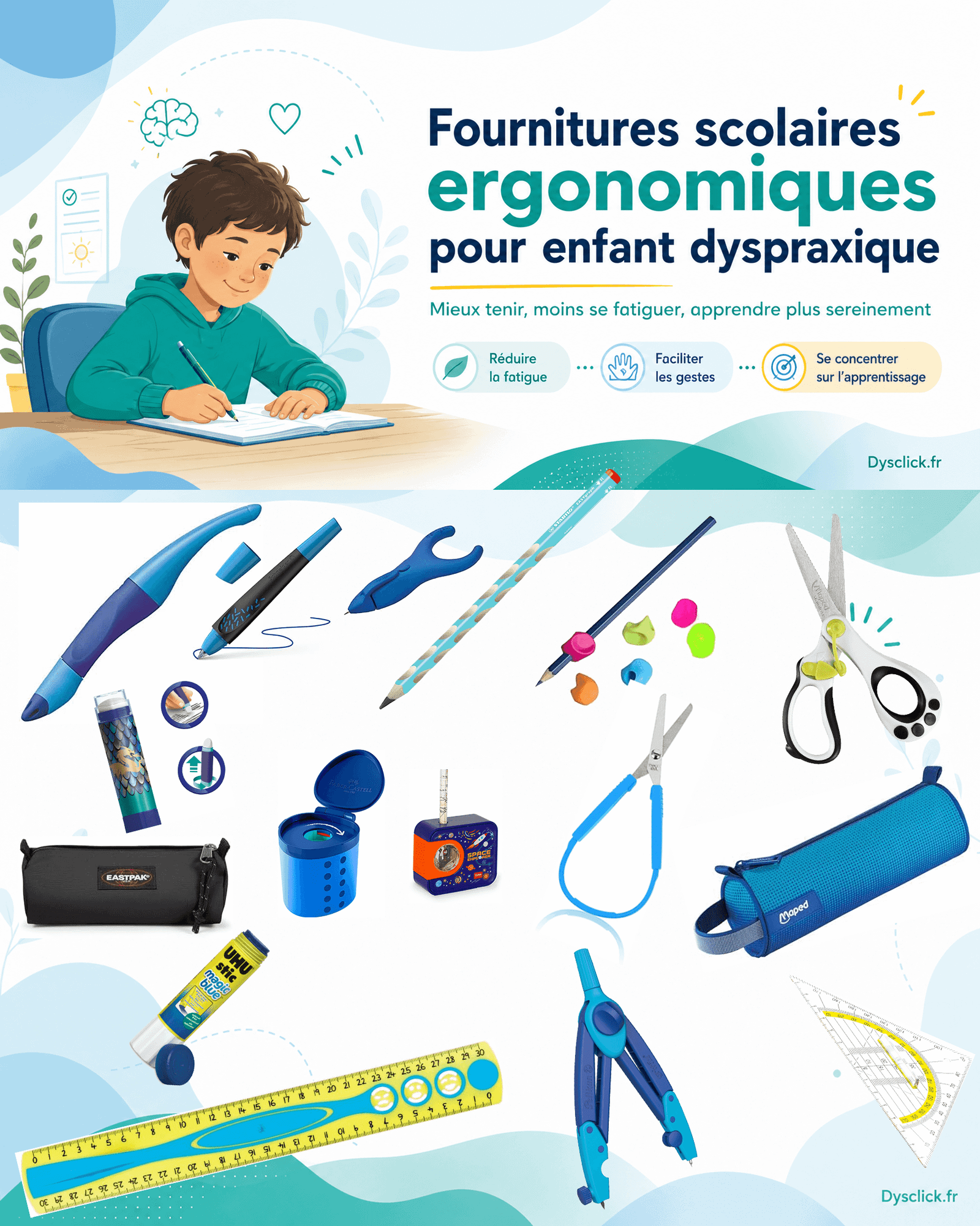 Fournitures scolaires ergonomiques pour enfant dyspraxique