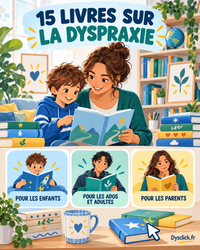 Illustration d’un enfant et d’un parent lisant ensemble, avec trois sélections de livres sur la dyspraxie pour enfants, adolescents, adultes et parents.