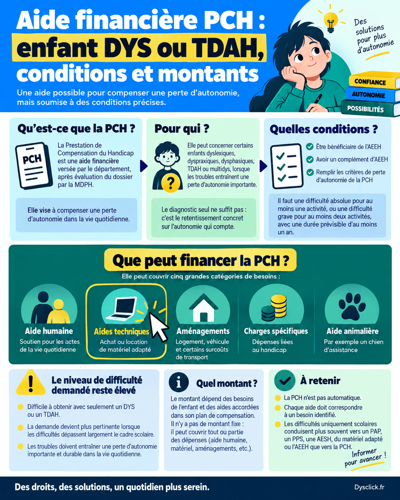 Aide financière PCH enfant DYS ou TDAH, conditions et montants