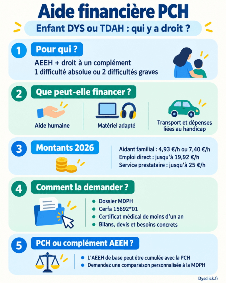 Infographie en cinq étapes sur l’aide financière PCH pour un enfant DYS ou TDAH : conditions, dépenses financées, montants 2026, dossier MDPH et choix avec l’AEEH.