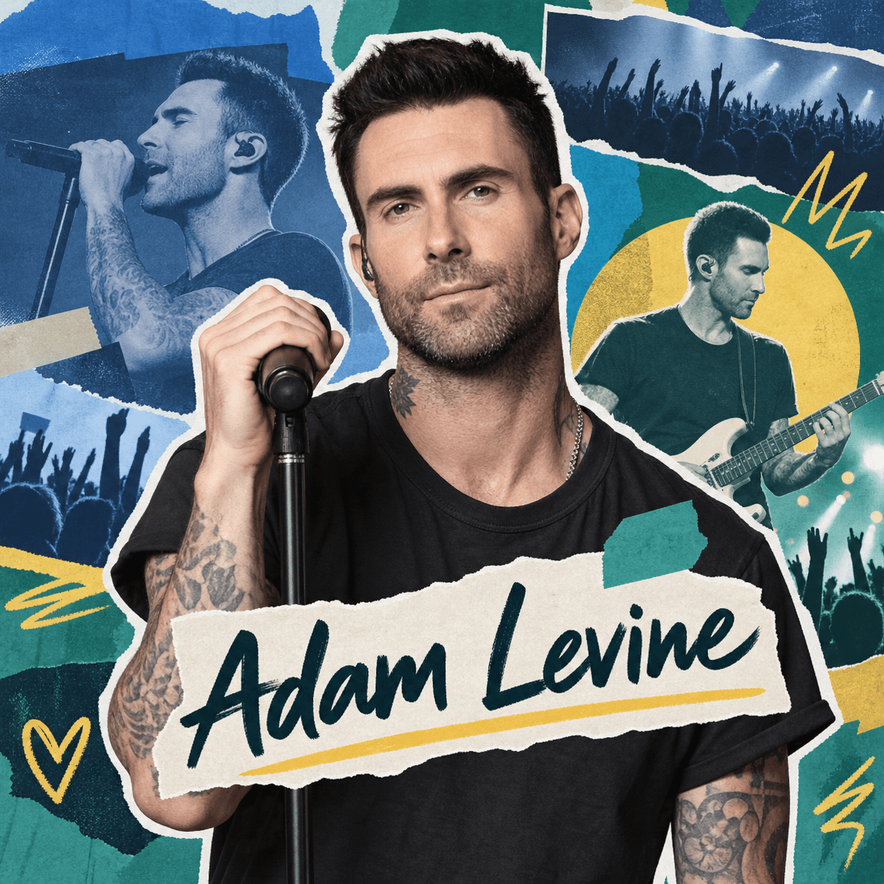 Collage numérique d’Adam Levine sur scène avec un micro, une guitare et un public de concert.