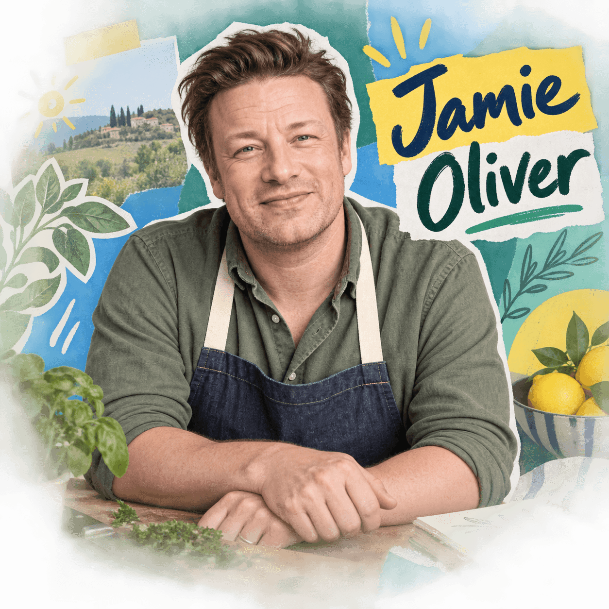 Collage numérique de Jamie Oliver en tablier dans une cuisine, entouré d’herbes, de citrons et d’un carnet.