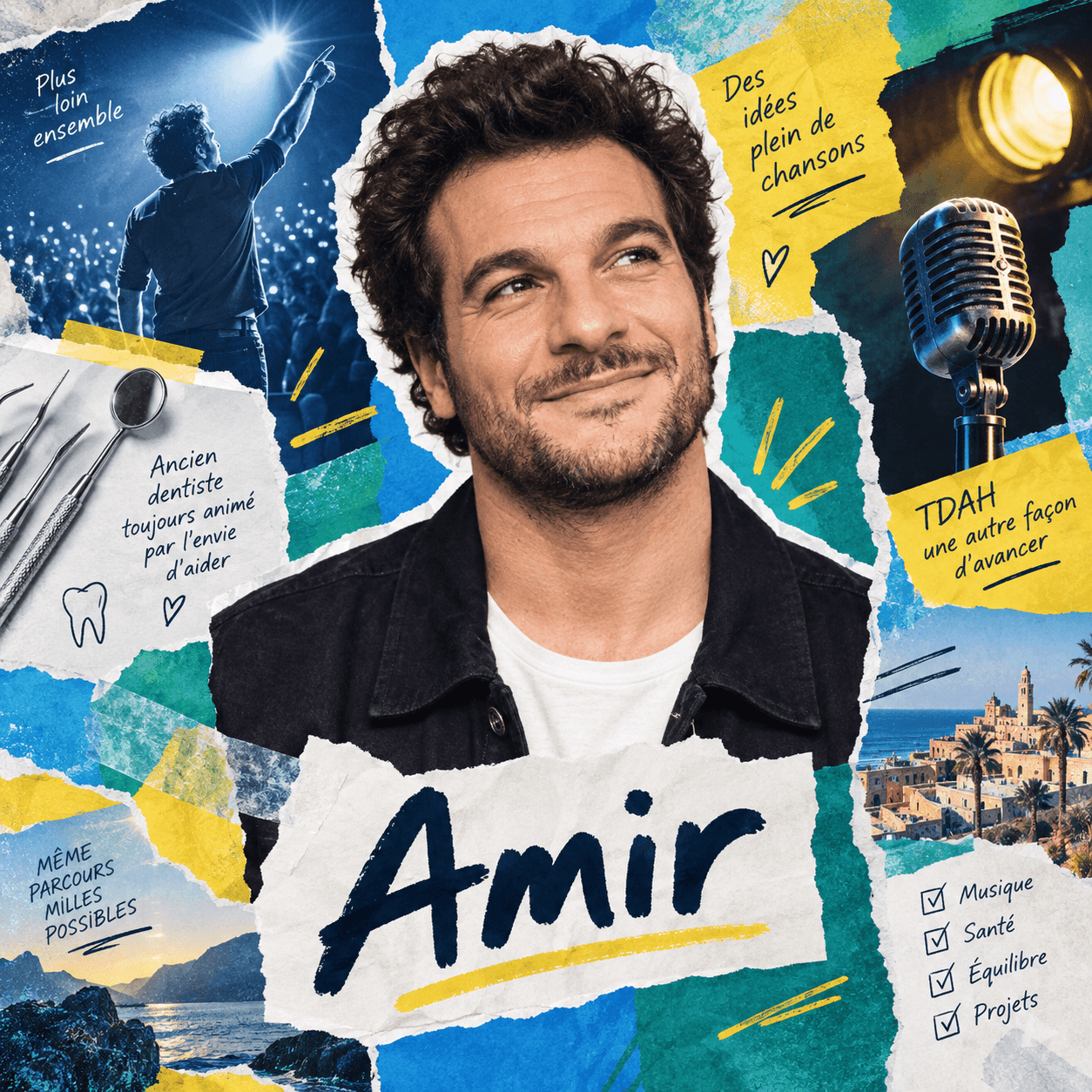 Collage numérique d’Amir avec un micro de scène, des projecteurs, des instruments dentaires et des notes de projets.