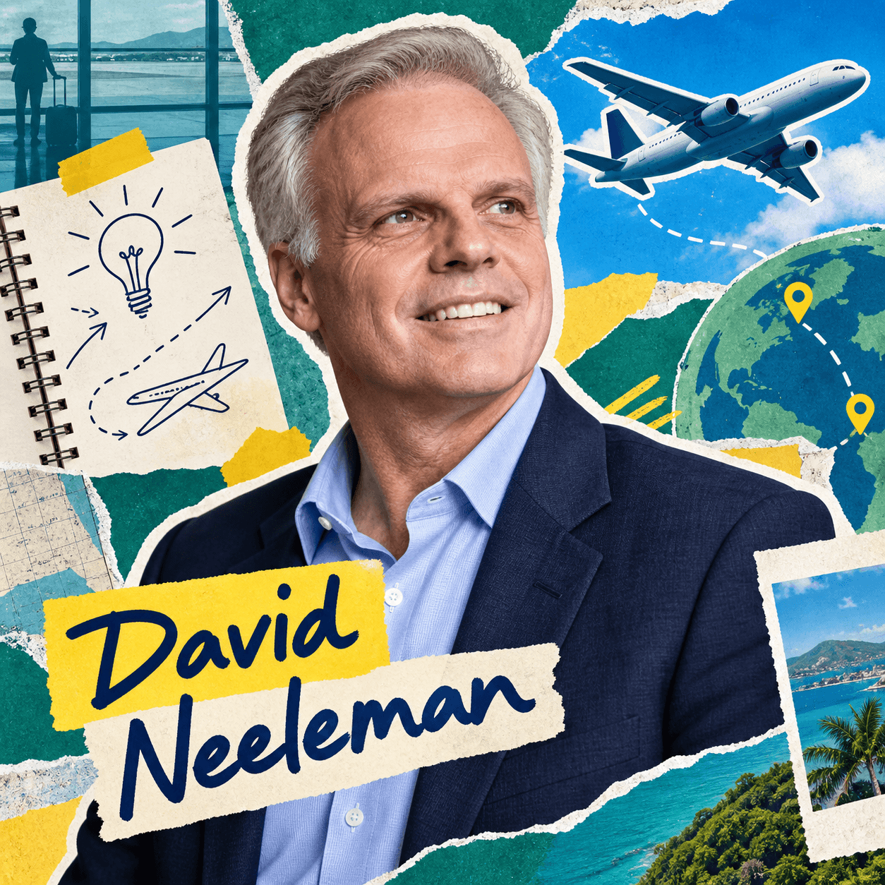Collage numérique de David Neeleman avec des avions, une carte du monde, un carnet d’idées et un aéroport.