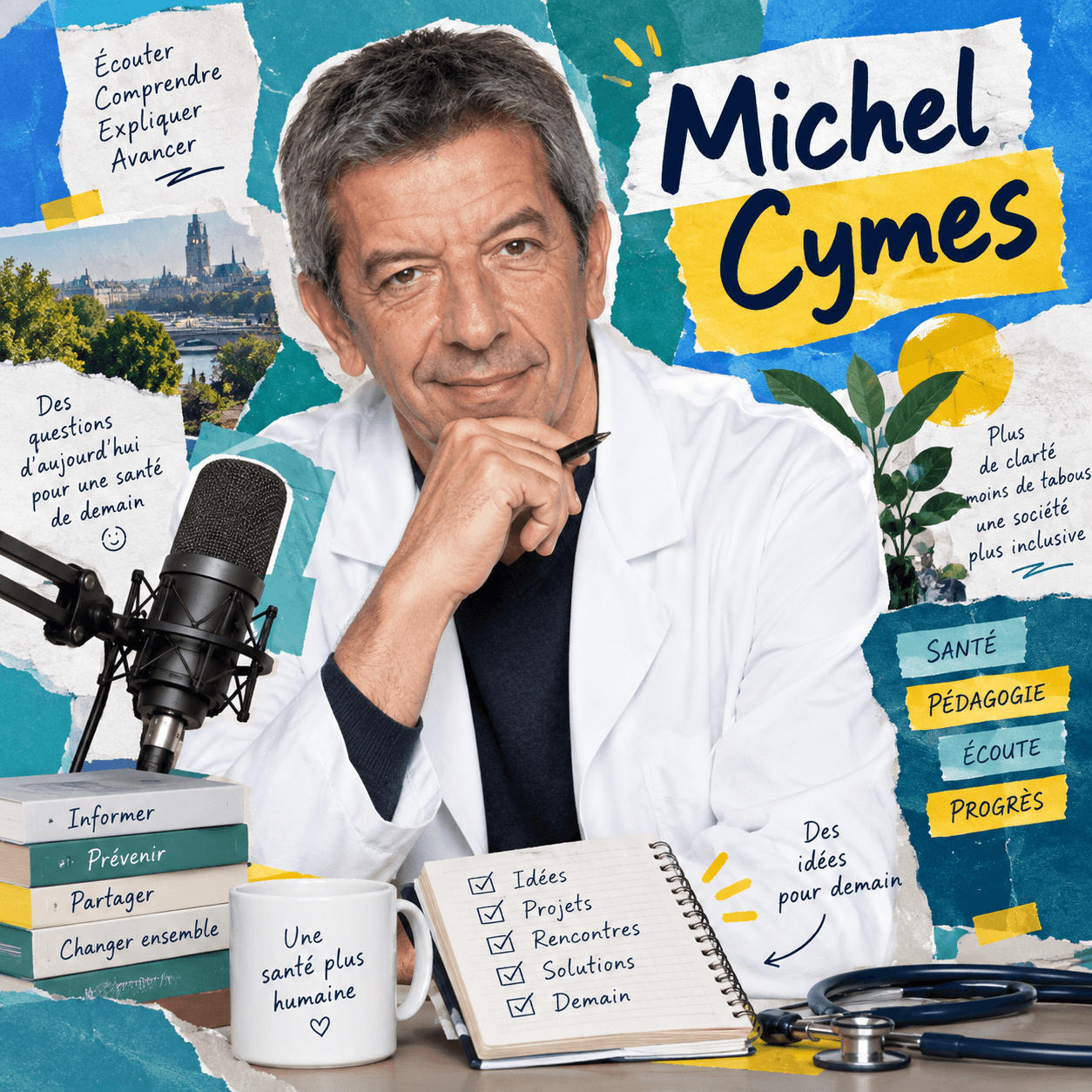 Collage numérique de Michel Cymes en blouse, entouré d’un micro, d’un carnet et de notes sur la santé et la transmission.