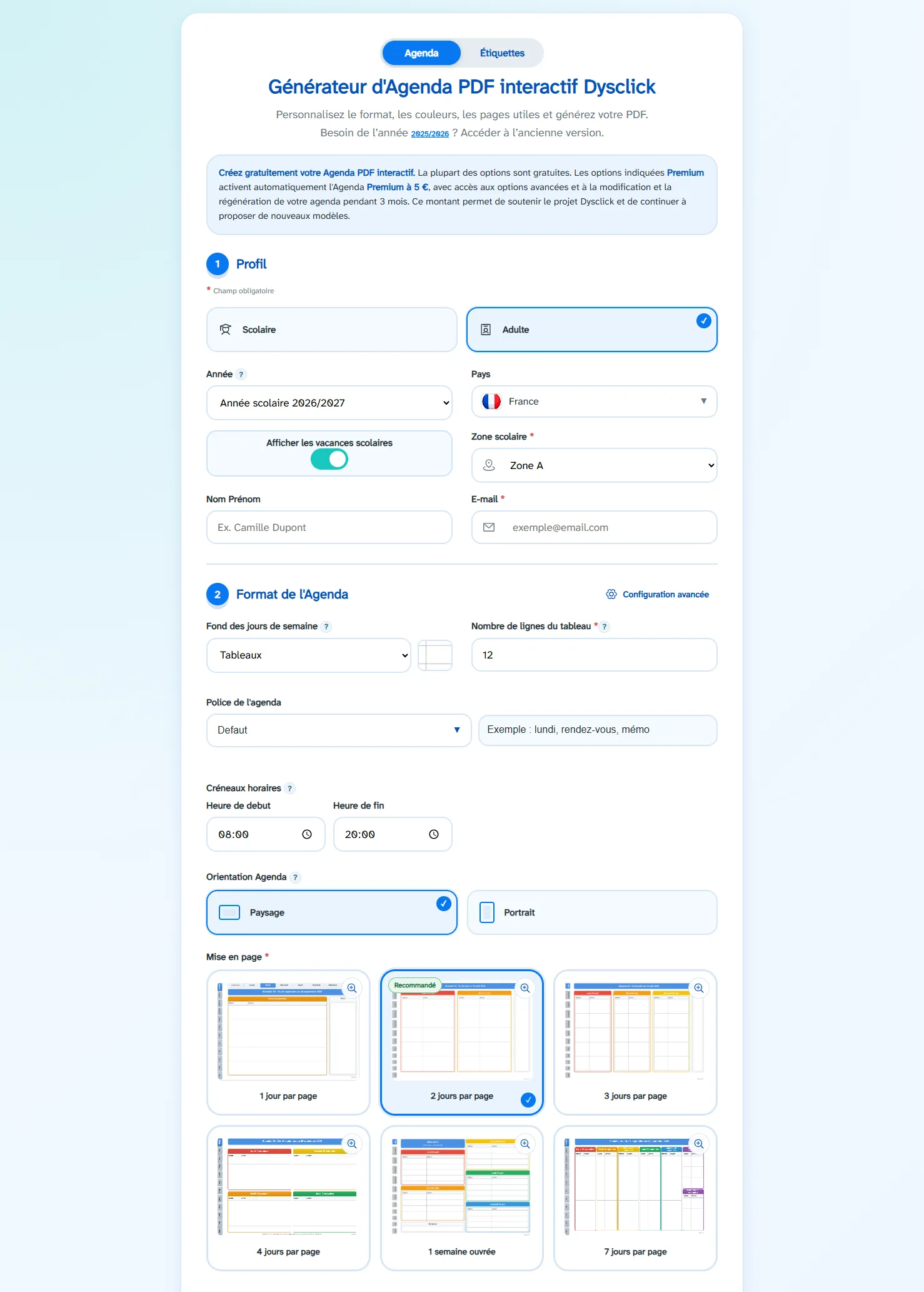 Écran du générateur Dysclick avec le profil adulte et le choix du format de l’agenda PDF