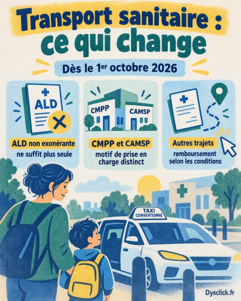 Infographie sur les changements du 1er octobre 2026 pour les transports sanitaires liés à une ALD non exonérante, les trajets en CMPP et CAMSP et les autres motifs de remboursement.