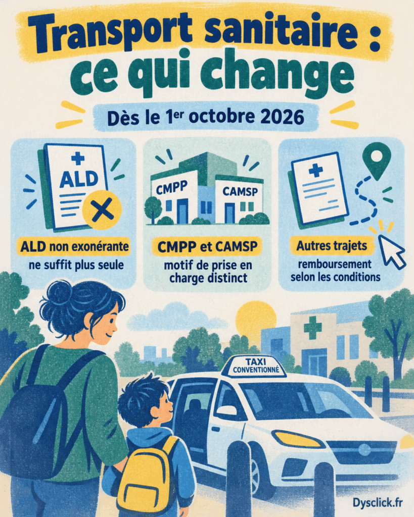 Infographie sur les changements du 1er octobre 2026 pour les transports sanitaires liés à une ALD non exonérante, les trajets en CMPP et CAMSP et les autres motifs de remboursement.