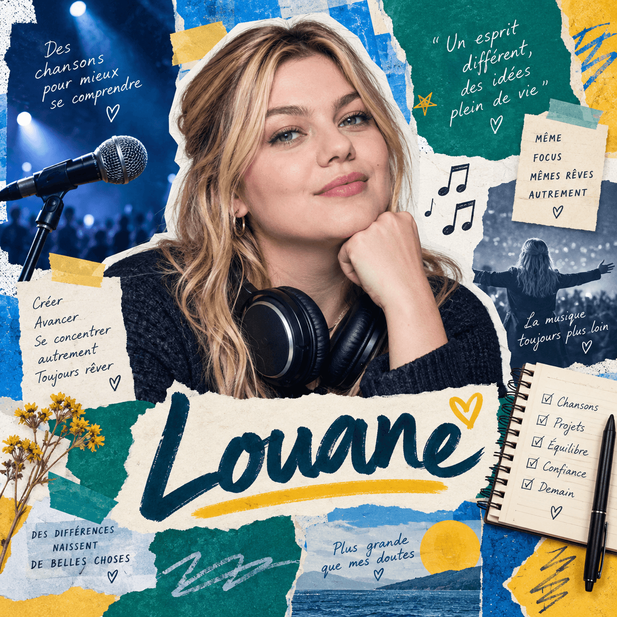 Collage numérique de Louane avec un micro, un casque audio, des notes de musique et un carnet de projets.